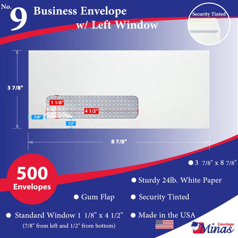 Minas Envelope 500 Minas Envelope - No. 9 Business Envelopes, Left Window, 3 7/8 x 8 7/8 Inches, 24lb White Paper with Blue Tint, Security Gum Flap, 500 Count, Made in USA, 500 Count - Image 2